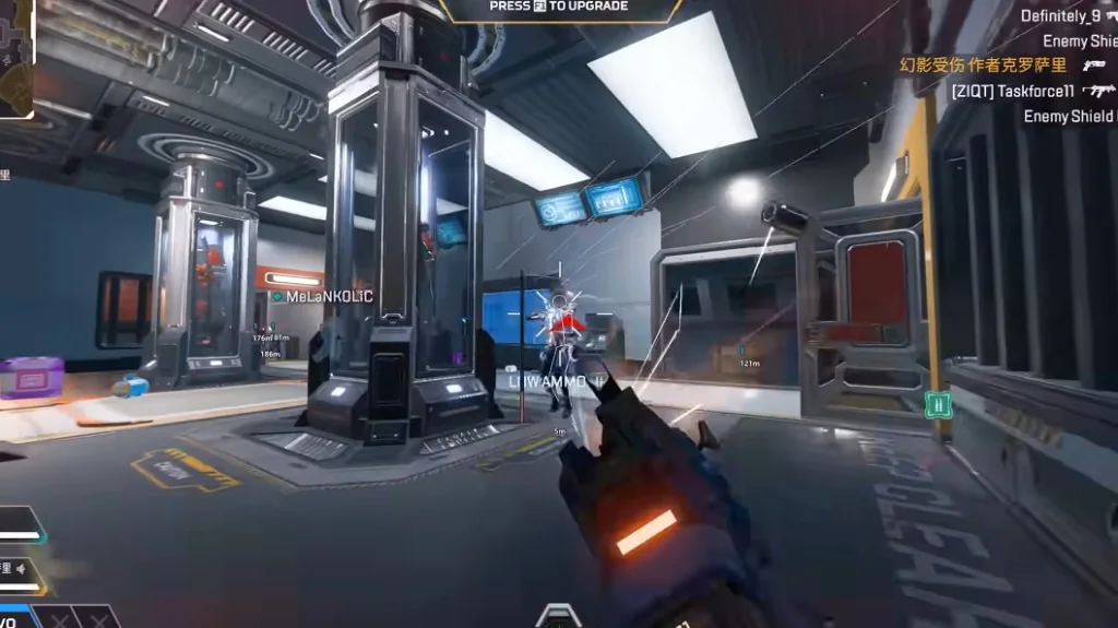 Apex Legends ESP skeleton on enemy in hallway with low ammo warning