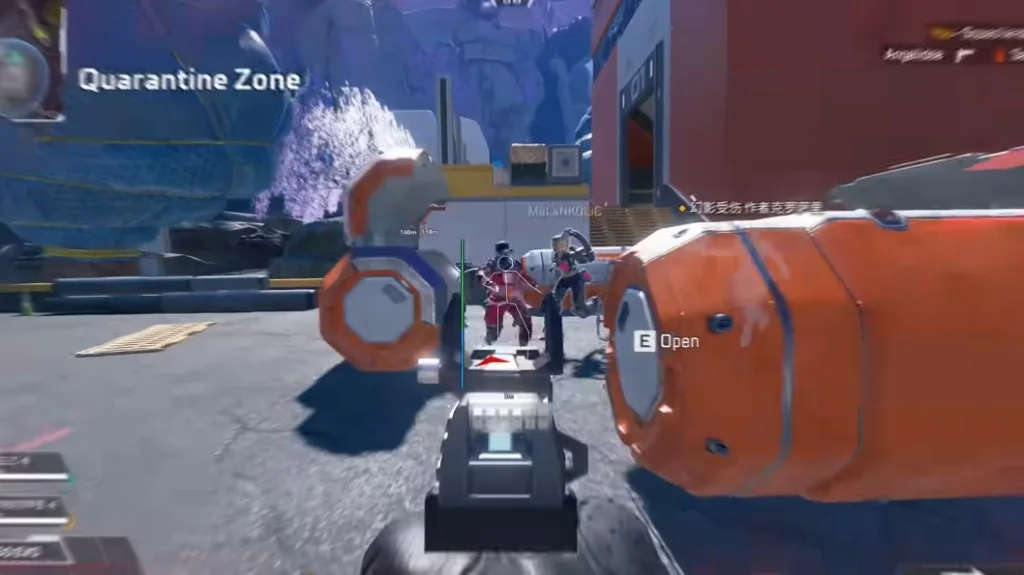 Apex Legends skeleton ESP at Quarantine Zone with player name and distance tags