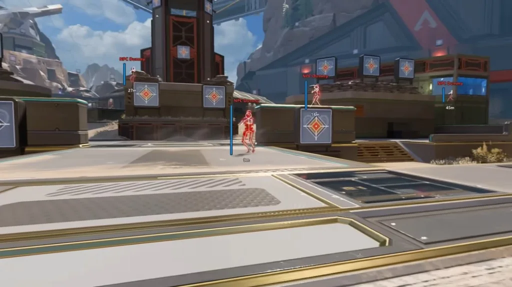 Apex Legends firing range NPC dummies with skeleton ESP and distance markers