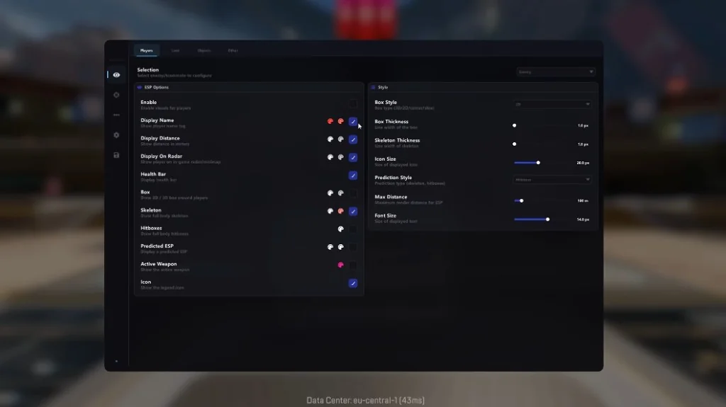 Apex Legends hack menu showing player ESP toggles, skeleton, health bar, and style sliders